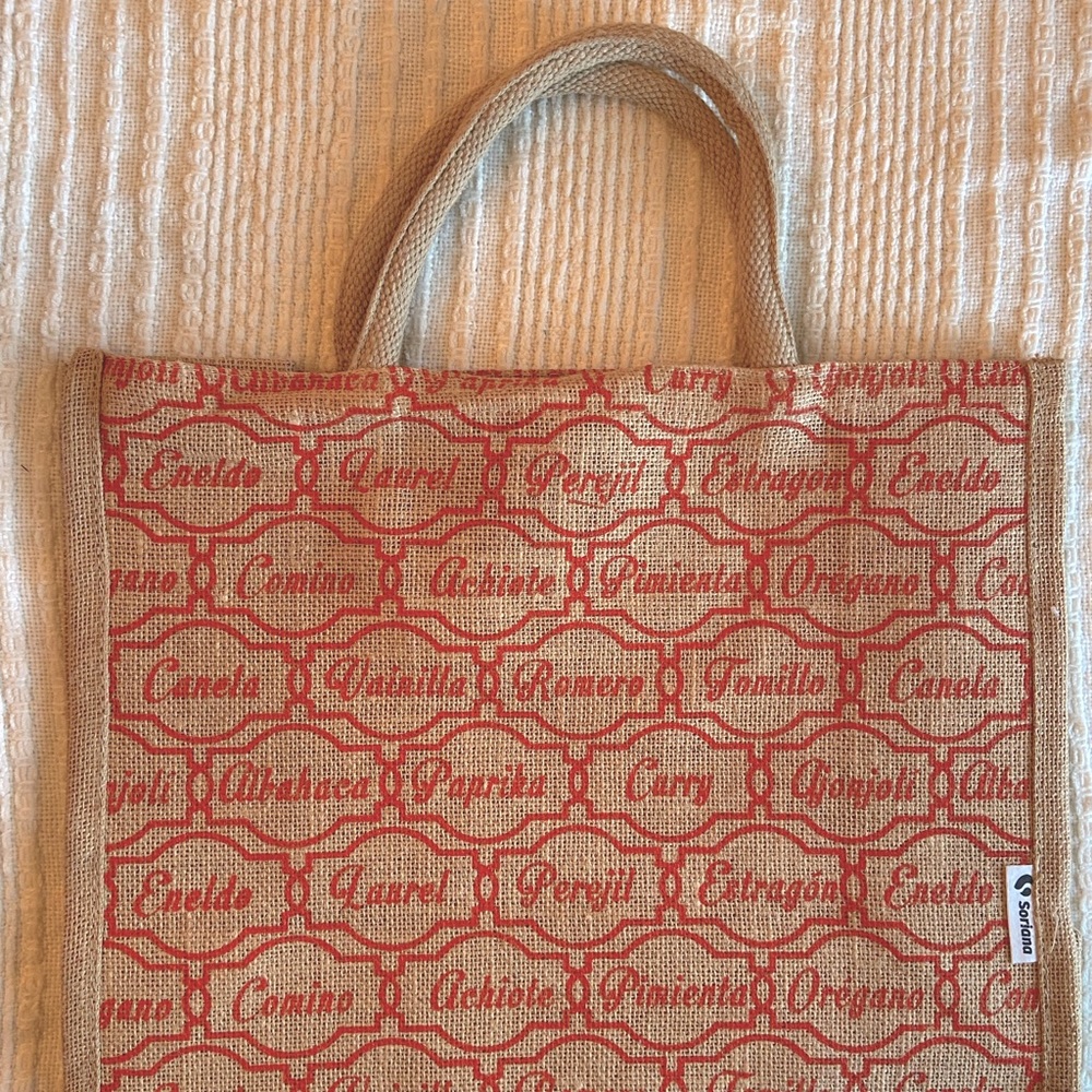 Mexican Burlap Tote 13 1/2”x17” Spanish spice name print. Sturdy and lightweight